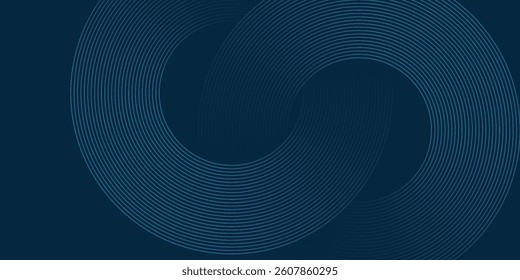Dark blue abstract background with glowing circle lines. Geometric stripe line art design. Modern shiny blue diagonal rounded lines pattern. Futuristic technology concept. Vector illustration