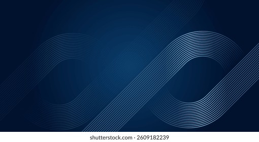 Dark blue abstract background with glowing geometric lines, featuring a modern shiny blue diagonal rounded pattern. Ideal for futuristic technology designs, covers, posters, banners, and websites.