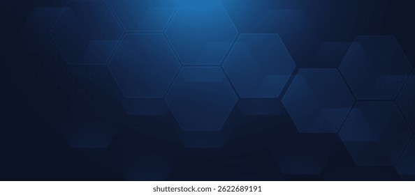 Dark blue abstract background with glowing transparent hexagons and subtle digital pattern