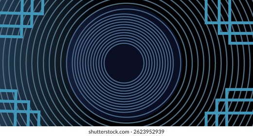 Dark blue abstract background with glowing geometric shape. Modern shiny gradient circle. Swirl circular element. Elegant graphic design. Futuristic technology concept. Vector illustration