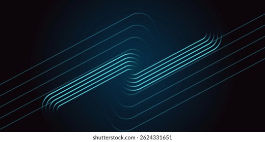 Fondo abstracto azul oscuro con líneas de círculo brillantes. Diseño geométrico del arte de la línea de la raya. Moderno patrón de líneas redondeadas diagonales azules brillantes. Concepto de tecnología futurista