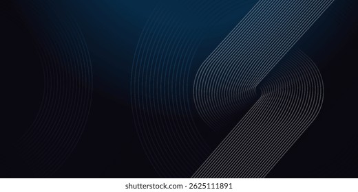 Dark blue abstract background with glowing circle lines. Geometric stripe line art design. Modern shiny blue diagonal rounded lines pattern. Futuristic technology concept. Vector