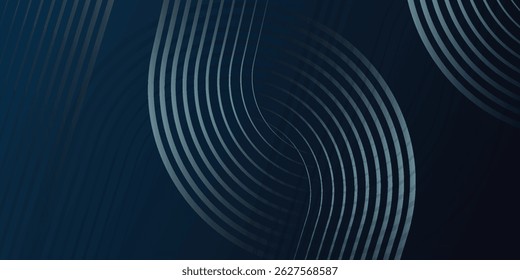 Dark blue abstract background with glowing geometric lines. Modern shiny blue diagonal rounded lines pattern. Futuristic technology concept. Suit for cover, poster, presentation, banner, website