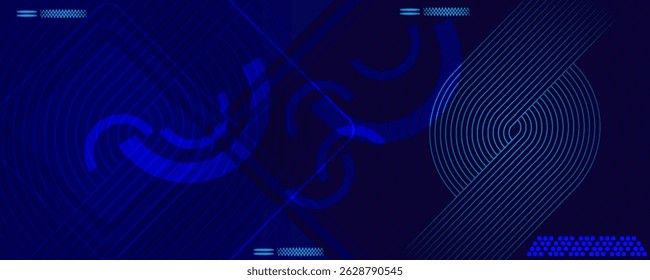 Fundo abstrato azul escuro com linhas de círculo brilhantes. Projeto de arte de linha de faixa geométrica. Padrão moderno de linhas arredondadas azul brilhante diagonal. Conceito de tecnologia futurista. eps 10