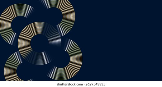 Fundo abstrato azul escuro com linhas geométricas brilhantes. Padrão moderno de linhas de círculo de gradiente azul e amarelo. Conceito de tecnologia futurista. Modelo de banner horizontal. Vetor
