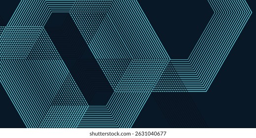 Dark blue abstract background with glowing circle lines. Geometric stripe line art design. Modern shiny blue diagonal rounded lines pattern. Futuristic technology concept. Vector illustration