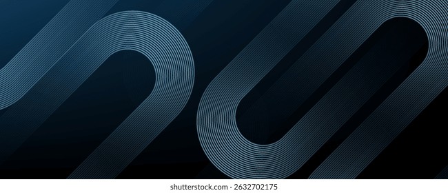 Dark blue abstract background with glowing geometric lines. Modern shiny blue diagonal rounded lines pattern. Futuristic technology concept. Suit for cover, poster, presentation, banner, website