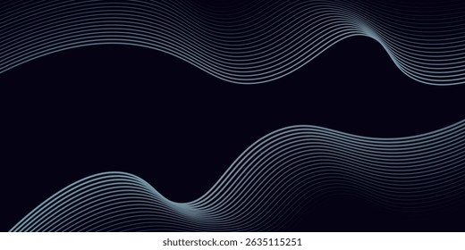  Dunkelblauer abstrakter Hintergrund mit leuchtend blauen Kreislinien. Geometrisches Streifenlinien-Kunstdesign. Moderne, glänzende blaue Linien. Futuristisches Technologiekonzept. Vorlage für horizontale Banner. Vektorgrafik