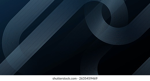 Dark blue abstract background with glowing geometric lines. Modern shiny blue diagonal rounded lines pattern. Futuristic technology concept. Suit for cover, poster, presentation, banner, website