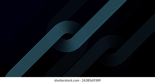 Dark blue abstract background with glowing geometric lines. Modern shiny blue diagonal rounded lines pattern. Futuristic technology concept. Suit for cover, poster, presentation, banner, website