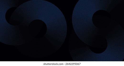 Dark blue abstract background with glowing geometric lines. Modern shiny blue diagonal rounded lines pattern. Futuristic technology concept. Suit for cover, poster, presentation, banner, website