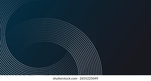 Dark blue abstract background with glowing circle lines. Geometric stripe line art design. Modern shiny blue diagonal rounded lines pattern. 