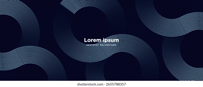 Dunkelblauer abstrakter Hintergrund mit leuchtenden geometrischen Linien. Modernes glänzendes blaues, diagonales, abgerundetes Linienmuster. Futuristisches Technologiekonzept. Anzug für Cover, Poster, Präsentation, Banner, Website