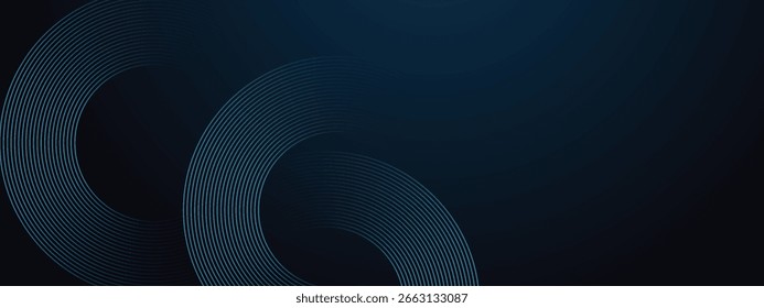 Dark blue abstract background with glowing circle lines. Geometric stripe line art design. Modern shiny blue diagonal rounded lines pattern.