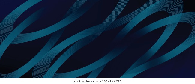 Dark blue abstract background with glowing geometric lines. Modern shiny blue diagonal rounded lines pattern. Futuristic technology concept. Suit for cover, poster, presentation, banner, website