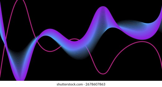Dark blue abstract background with glowing waves. Shiny moving lines design element. Futuristic technology concept. Vector illustration