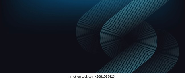 Fondo abstracto azul oscuro con líneas de círculo brillantes. Diseño geométrico del arte de la línea de la raya. Moderno patrón de líneas redondeadas diagonales azules brillantes. Concepto de tecnología futurista. Vector, etc