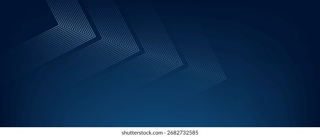 Dunkelblauer abstrakter Hintergrund mit leuchtenden Pfeillinien für die Technologie, mit einem futuristischen Konzept mit modernem glänzenden blauen geometrischen Linien-Design, ideal für Banner, Cover, Poster, modernes Design