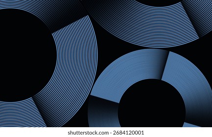 Fondo abstracto azul oscuro con líneas de círculos brillantes. Patrón de líneas circulares degradadas azul brillante futurista. Traje para el cartel, presentación, Anuncio, cubierta, Web, volante. diseño moderno
