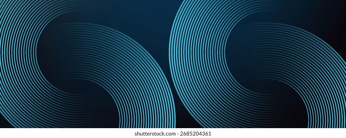 Fondo abstracto azul oscuro con líneas de círculo brillantes. Diseño geométrico del arte de la línea de la raya. Moderno patrón de líneas redondeadas diagonales azules brillantes. Ilustración vectorial, cartel.