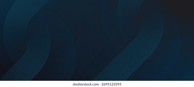 Fondo abstracto azul oscuro con líneas de círculo brillantes. Diseño geométrico del arte de la línea de la raya. Moderno patrón de líneas redondeadas diagonales azules brillantes. Concepto de tecnología futurista. Ilustración vectorial