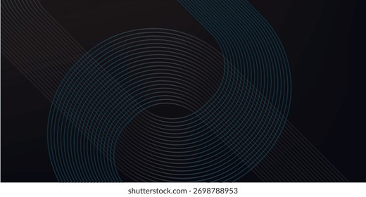 Fondo abstracto azul oscuro con líneas de círculo brillantes. Diseño geométrico del arte de la línea de la raya. Moderno patrón de líneas redondeadas diagonales azules brillantes. Concepto de tecnología futurista. Ilustración vectorial