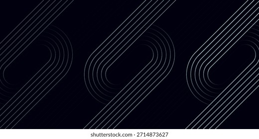Dark blue abstract background with glowing geometric lines. Modern shiny blue diagonal rounded lines pattern. Futuristic technology concept. Suit for cover, poster, presentation, banner, website