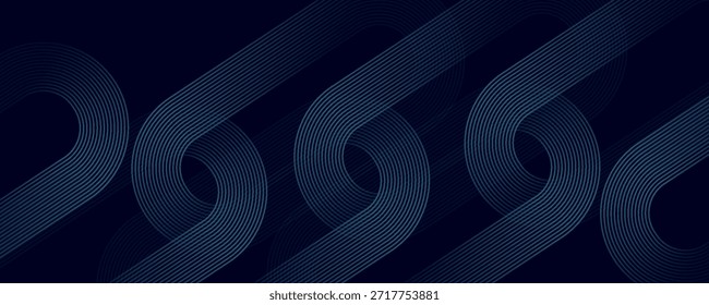 Dark blue abstract background with glowing geometric lines. Modern shiny blue diagonal rounded lines pattern.