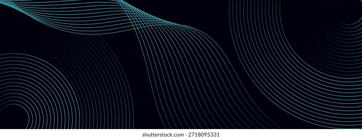 Fondo abstracto azul oscuro con círculo brillante y decoración de líneas curvas. Diseño de arte de línea geométrica moderna y futurista para el Anuncio, la promoción y el Sitio web. VOL. 3