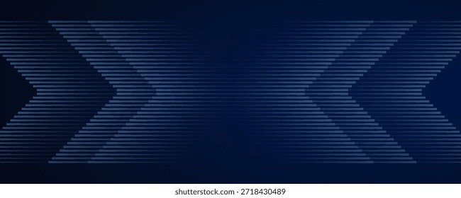 Fundo abstrato azul escuro com linhas de seta brilhantes. Design moderno de linhas geométricas azuis brilhantes. Conceito futurista da tecnologia. Modelo de banner horizontal. Terno para capa, cabeçalho, cartaz, banner