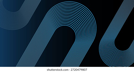 Dunkelblauer abstrakter Hintergrund mit leuchtenden geometrischen Linien. Modernes glänzendes blaues, diagonales, abgerundetes Linienmuster. Futuristisches Technologiekonzept. Anzug für Cover, Poster, Präsentation, Banner, Website