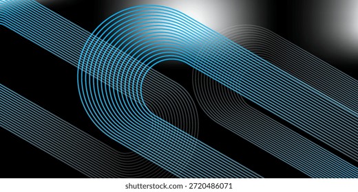 Fondo abstracto azul oscuro con líneas geométricas brillantes. Moderno patrón de líneas redondeadas diagonales azules brillantes. Concepto de tecnología futurista. Traje para la cubierta, cartel, presentación, Anuncio, Sitio web