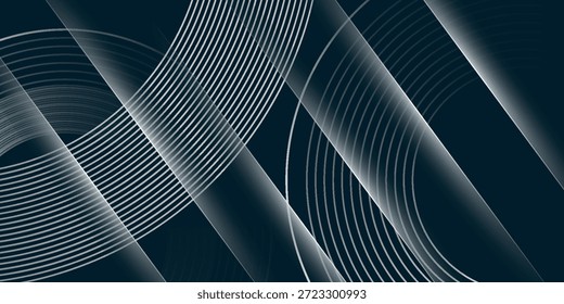 Fondo abstracto azul oscuro con líneas circulares blancas brillantes decoración. Patrón de líneas circulares con efecto de sombra blanca para la cubierta, el Anuncio, el folleto y el Sitio web. EPS. 3