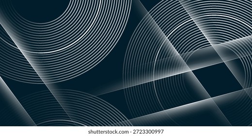Fundo abstrato azul escuro com decoração de linhas circulares brancas brilhantes. Padrão de linhas circulares com efeito de sombra branca para capa, banner, folheto e site. EPS. 2