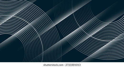 Fundo abstrato azul escuro com decoração de linhas circulares brancas brilhantes. Padrão de linhas circulares com efeito de sombra branca para capa, banner, folheto e site. EPS. 5