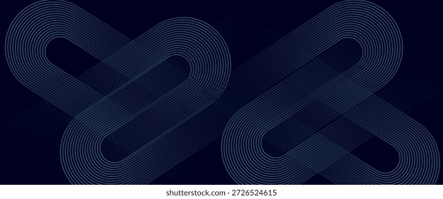 Fundo abstrato azul escuro com linhas geométricas brilhantes. Padrão moderno de linhas arredondadas azul brilhante diagonal.

