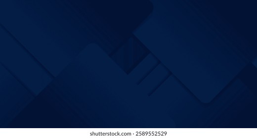 Dark blue abstract background with gold lines and shadow. Geometric shape overlap layers. Transparent squares. Modern luxury rounded squares graphic pattern banner template design