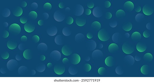 A dark blue abstract background with  many overlapping green circles, disks pattern with gentle gradients. The design creates a visually appealing and versatile backdrop for various creative projects.