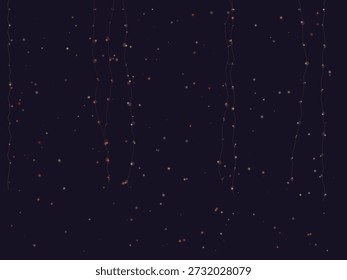 Dark blue abstract background with multicolored glowing particles resembling magic rain, minimalist style with vibrant color accents