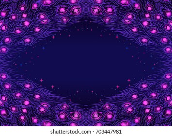 dark blue abstract background with nature purple pattern of tail fire peacock. purple feathers texture. Vector isolated illustration. Use for design invitation card. Hand drawn ornament with lights.