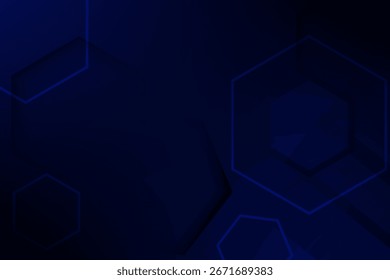 Fondo abstracto azul oscuro con hexágonos geométricos delineados y sombreados, formando un diseño moderno inspirado en la tecnología.