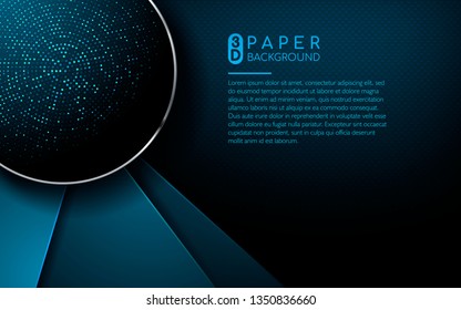 Dark blue abstract background with blue overlap layers. Realistic texture with silver circle and light glitters dots element decoration.
