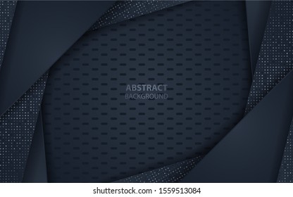 Dark blue abstract background with overlap layers. Paper texture with glitters dots element decoration. Luxury, elegant, and modern design template for use frame, cover, banner, business