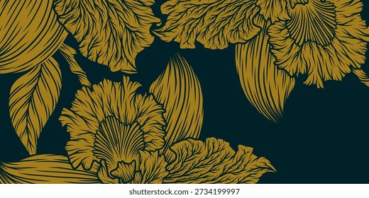 Fundo abstrato azul escuro com sobreposição de flor de íris e sombra. Elegante vetor de arte de linha floral de íris dourada. Design de modelo de banner de luxo moderno. Terno para cartaz, banner, cartão, convite.