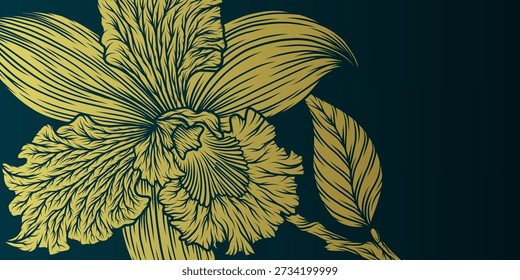 Fundo abstrato azul escuro com sobreposição de flor de íris e sombra. Elegante vetor de arte de linha floral de íris dourada. Design de modelo de banner de luxo moderno. Terno para cartaz, banner, cartão, convite.