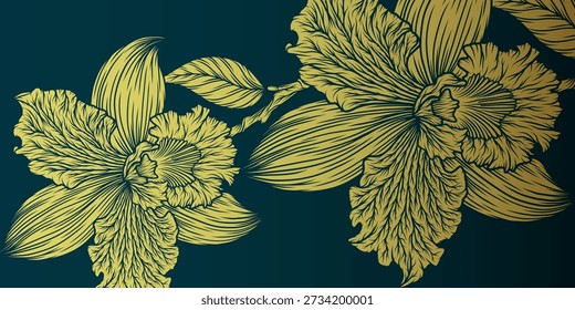 Fundo abstrato azul escuro com sobreposição de flor de íris e sombra. Elegante vetor de arte de linha floral de íris dourada. Design de modelo de banner de luxo moderno. Terno para cartaz, banner, cartão, convite.