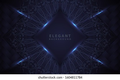 Dark blue abstract background with paper shapes overlap layers. Luxury and modern concept texture with mandala element decoration. Vector design template for use frame, cover, banner, card