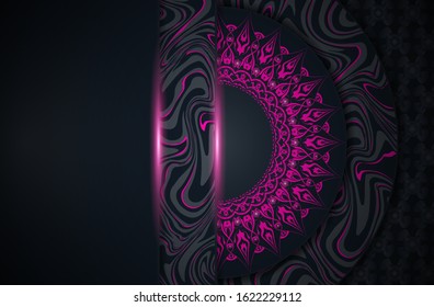 Dark blue abstract background with paper shapes overlap layers. Luxury and modern concept texture with pink mandala element decoration. Vector design template for use frame, cover, banner, card