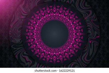 Dark blue abstract background with paper shapes overlap layers. Luxury and modern concept texture with pink mandala element decoration. Vector design template for use frame, cover, banner, card