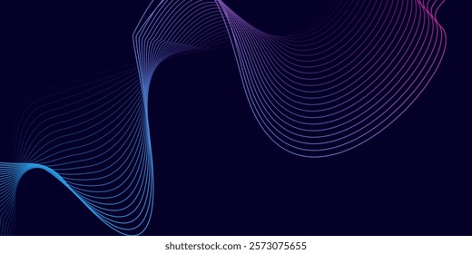 Dark blue abstract background with blue pink glowing waves. Shiny lines design element. Modern blue pink flowing wave lines. Futuristic technology concept.